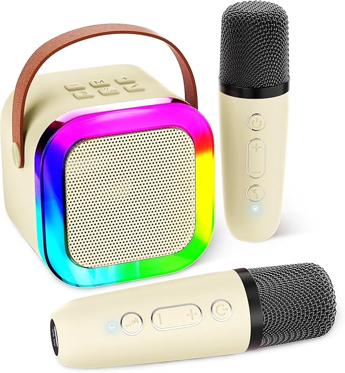 Karaoke Machine for Kids, Kids Karaoke Machine Gifts for Girls and Boys Family Party, Kids Karaoke Machine for Girls with 2 Wireless Microphones, Mini Portable Bluetooth Speaker (Ivory)