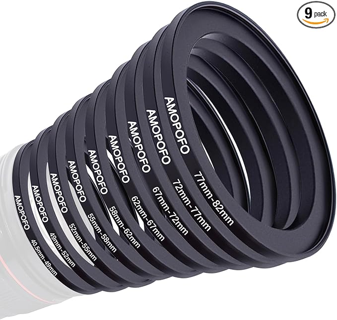 9 Pieces Lens Adapter Set,Camera Lens Filter Ring40.5-49mm/49-52mm/52-55mm/55-58mm/58-62mm/62-67mm/67-72mm/72-77mm/77-82mm(9pcs Step Up Ring Set)