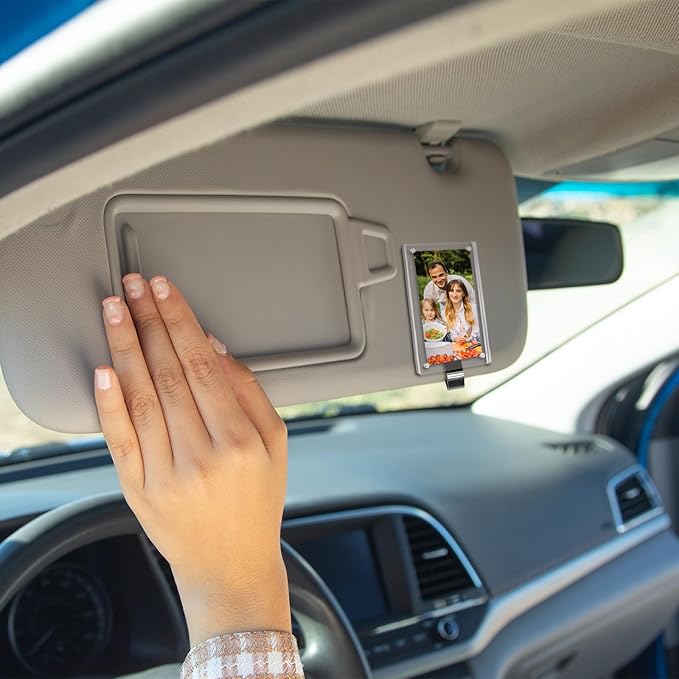 Acrylic Car Sun Visor Picture Holder, Powerful Magnetic Photographs Frame with Strong Clips for Cars , Universal Car Accessories for Visor Organizer & Dashboard Decorate with Personality (Transparent, 2.4 x 3.5)