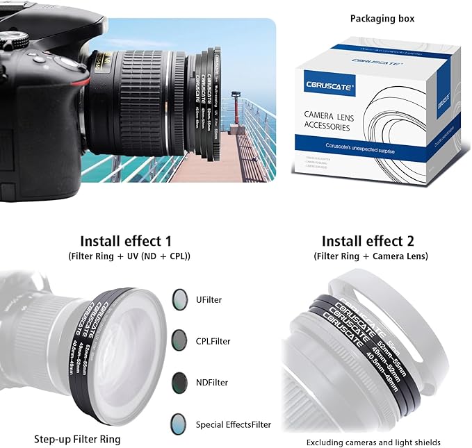 9Pcs Filter Ring Adapter Set,Camera Lens Filter Metal Stepping Rings Compatible All Brands UV ND CPL (40.5-49mm,49-52mm,52-55mm,55-58mm,58-62mm,62-67mm,67-72mm,72-77mm,77-82mm)