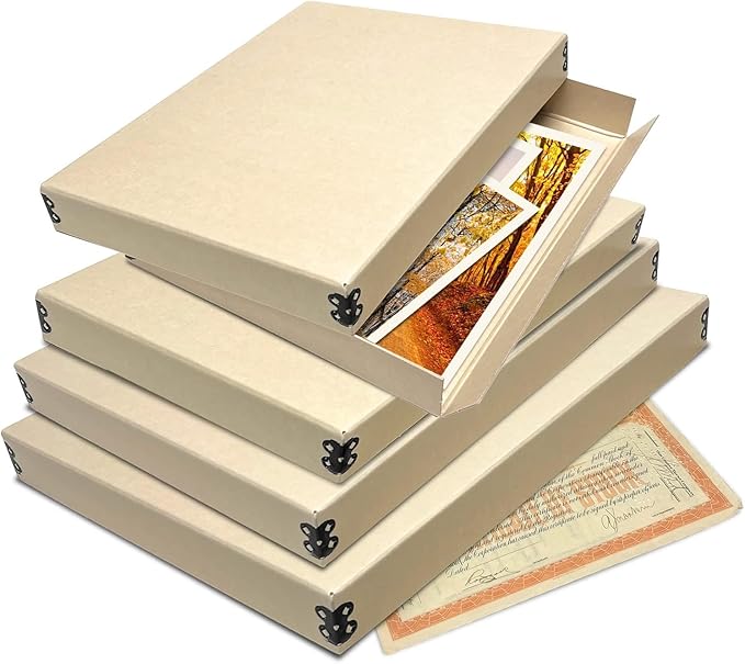 Lineco Museum Archival Storage Box, 11.75x15.25x1.5 in. Drop Front Design. Acid-Free with Metal Edge. Organize Photos, Pictures, Prints, Documents, Crafts, DIY. Tan, 1 Pack