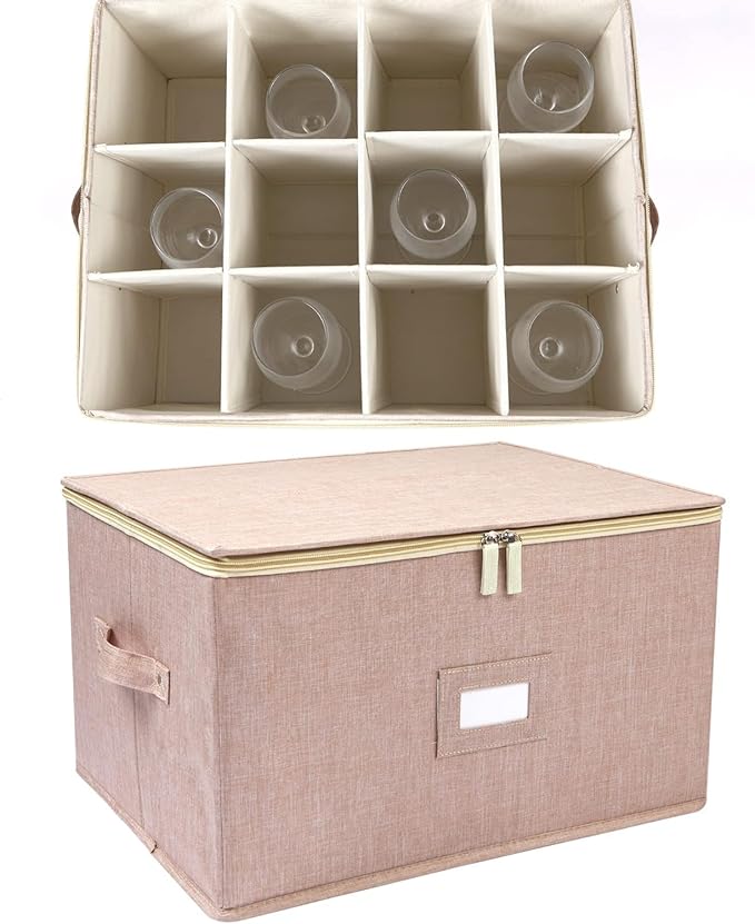 popoly Wine Glass Storage Box 2 Pack, Stemware Storage Containers Cases with Dividers, Stackable Moving Supplies for 24 Wine Glasses, Drinkware, Glassware or Crystal, (Beige)