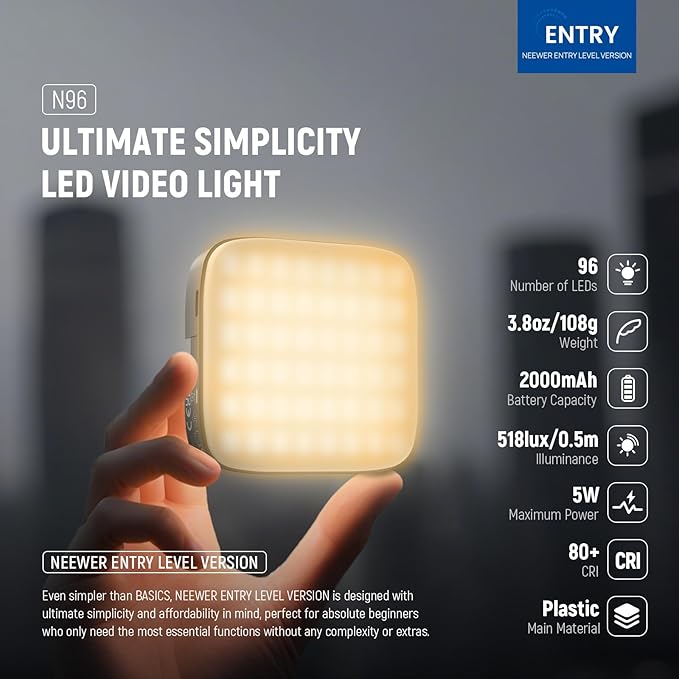 NEEWER Entry Level Version Magnetic LED Camera Light, 96 LEDs Bi Color Small Clip On Panel Light, 2000mAh 3000K-9000K CRI80+, 3 Cold Shoes 1/4" Thread for Tripod, Video Recording Selfie Lighting, N96