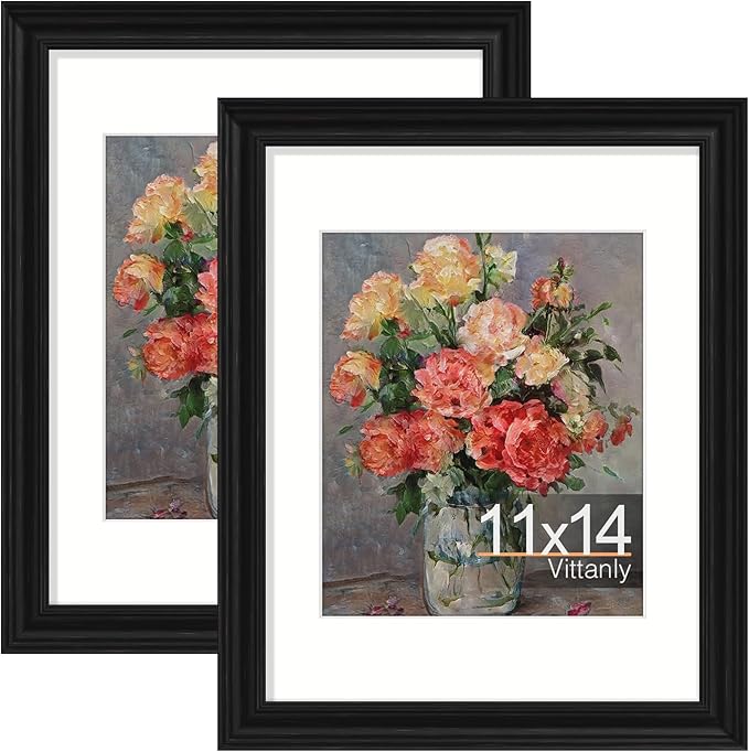 Vittanly 11x14 Picture Frames Set of 2, Ornate Vintage Photo Frame for Wall or Tabletop, Display 8x10 Pictures with Mat or 11x14 without Mat, Vintage Black