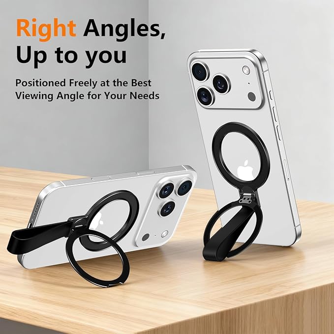 Dual-Side Magnetic Ring Holder with Silicone Strap,for MagSafe Magnet, 360 Rotation Adjustable Kickstand for iPhone 17/16/15/14/13/12 Air/Pro/Pro Max, Pixel 10,Galaxy S25 S24 (H-01 Black)