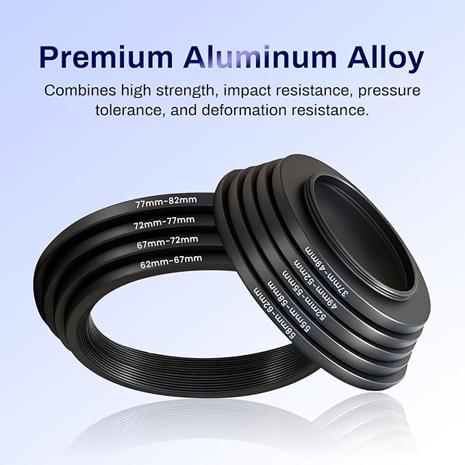 37-82mm Step Up Ring Adapter Filter, Metal Camera Lens Filter Adapter Ring Set Universal Black Stepping Rings Fits 37mm Lens to 82mm UV/CPL/ND Filters (9PCS Step Up Rings(37-82))