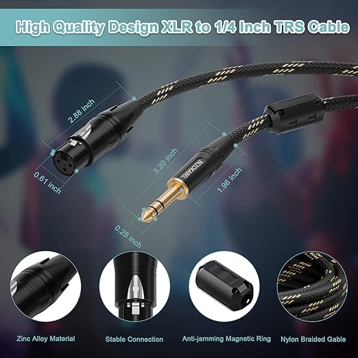 XLR to 1/4 Inch (6.35mm) TRS Cable, Balanced XLR Female to 1/4 Adapter 6FT 2Pack, Quarter Inch to Microphone Cable