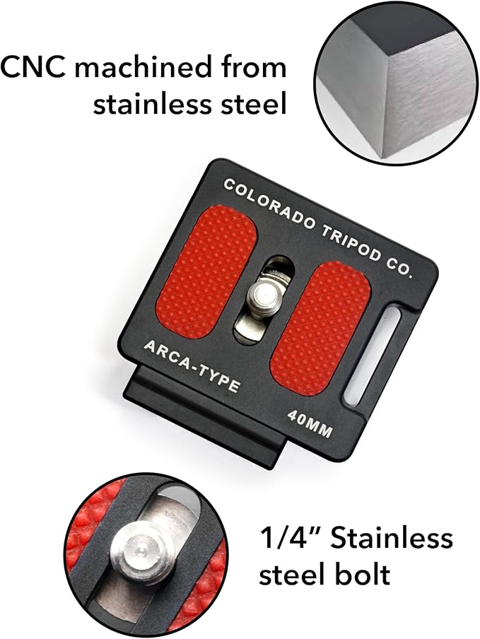 Breakthrough Photography 40mm Universal Arca Swiss Quick Release Plate for Tripod Ball Head with Hand-Adjustable Stainless Steel Screw & Removable Rear Stopper - Gunmetal Color