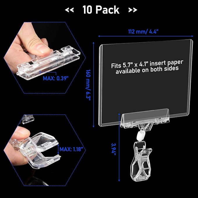 Epakh 10 Pieces Sign Clips Rotating Price Tag Clip Swivel Sign Holder for Handrails or Tubes with 10 Pieces Hard Card Sleeves PVC Card Protector for Shelves Store Supermarket(Thumb Clip Style)
