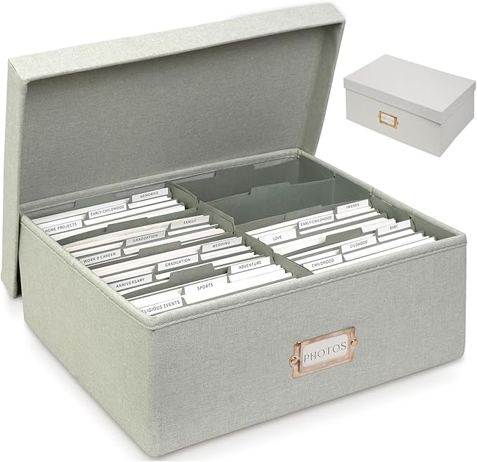 kroucoco Linen Photo Storage Box,Decorative Photo Organizer with Dividers Can Hold 1700 Photos(4x6) and Pictures,Photo Storage Containers with Lid for Cards,Stickers,Scrapbooks,Stamps,Keepsake