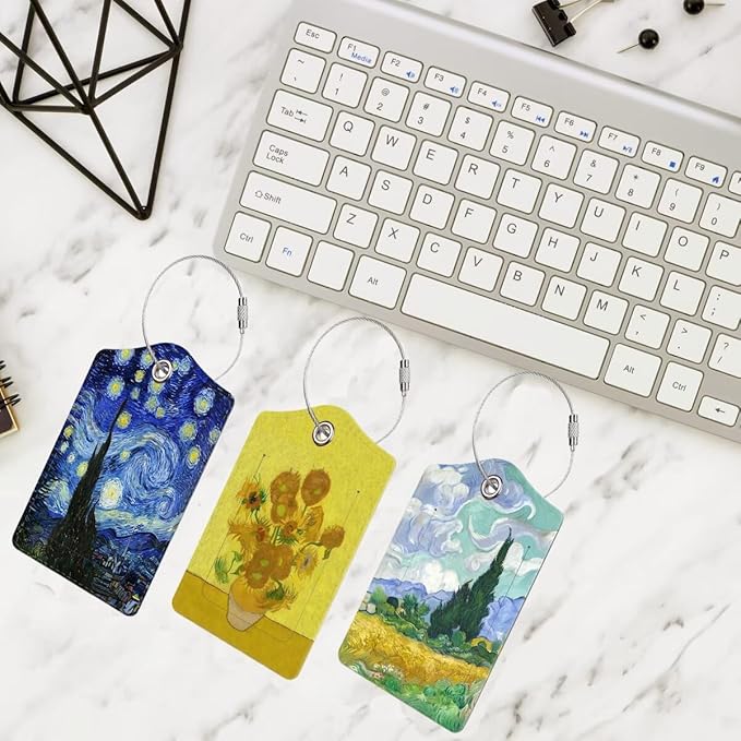 3 Pcs Luggage Tag for Suitcase, Travel Cruise Leather Bag Tags Identifiers Privacy Cover ID Label with Durable Steel Loop for Women Men Kids Girls Travel, Oil Painting