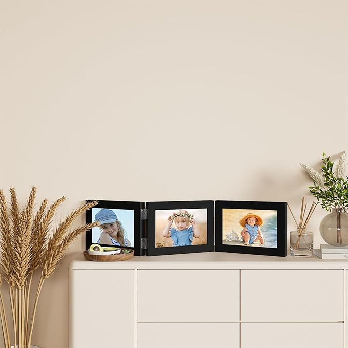 decorUhome Triple 7x5 Picture Frame Horizontal, Engineered Wood Trifold Photo Frame with Plexiglass for Tabletop Display, 7x5, Black