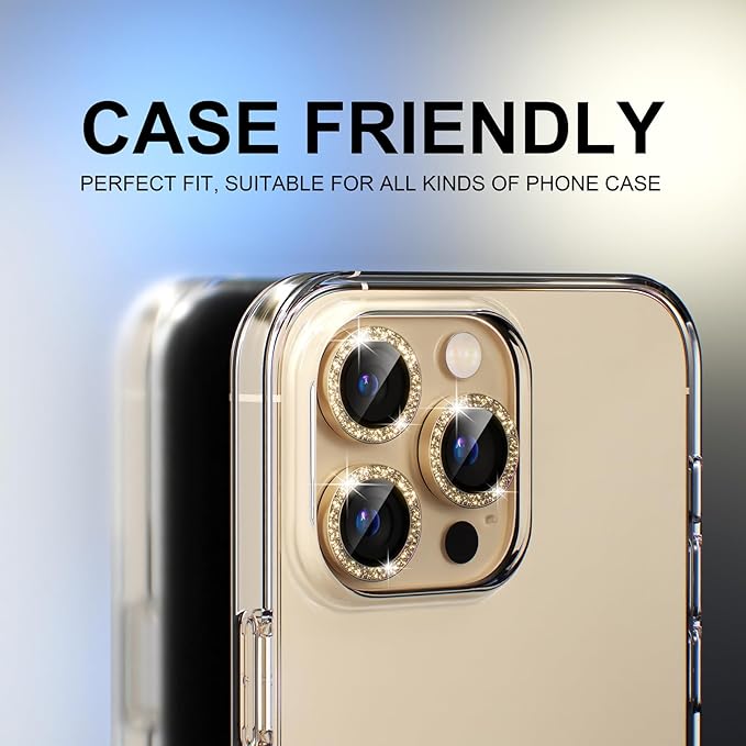 Choiche Compatible for iPhone 13 Pro/iPhone 13 Pro Max Camera Lens Protector Bling, 9H Tempered Glass Camera Cover Screen Protector Metal Ring Decoration Accessories (Glitter-Gold)
