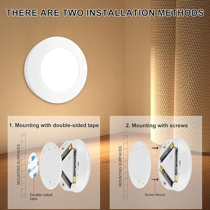 BIGMONAT LED Puck Light, Stick on Lights, Closet Lights Battery Operated, Tap Lights, 60 Lumens Touch Light, Under Cabinet Lighting, Ideal for Kitchen Cabinets, Closets, Garage and More, 3-Pack, White