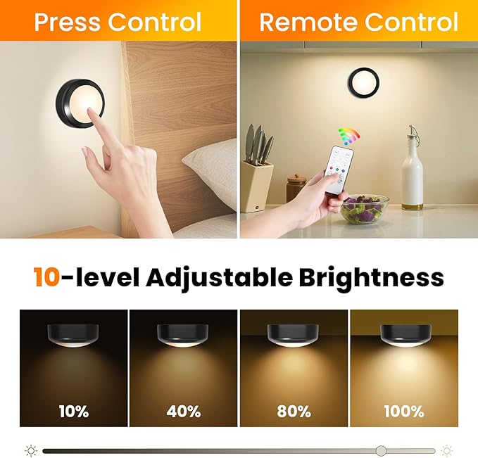 LED Puck Lights with Remote Control, 16 Color Changing Under Cabinet Lighting with Dimmer & Timer, AAA Battery Operated,Under for Closet Bedroom Kitchen, Stai (3 Pack Black)