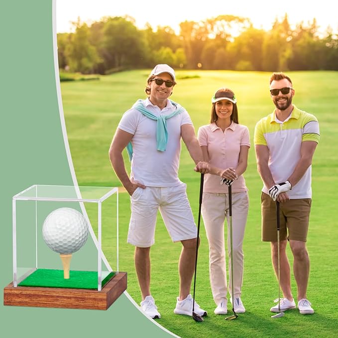 Clear Acrylic Golf Ball Display Case with Wood Base & Tee, Memorabilia Stand Cube Holder, Dust Protection Transparent Storage Box for Single Ball Souvenir Golfball Collections