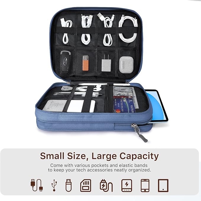 Dadanism Electronics Travel Organizer Case, Double Layers Cord Organizer Travel All-in-One Storage Bag for Cable, Cord, iPad, Chargers, fits 9-11'' Tablets, Portable Tech Accessories Bag, Blue