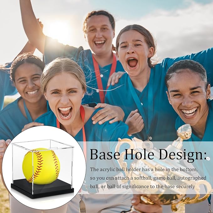 Baderke 1 Pcs Softball Display Case Acrylic Softball Baseball Stand Holder UV Protected Memorabilia Ball Box Clear Display Cube for Sports Ball Storage (Remove The Protective Film Before Use)