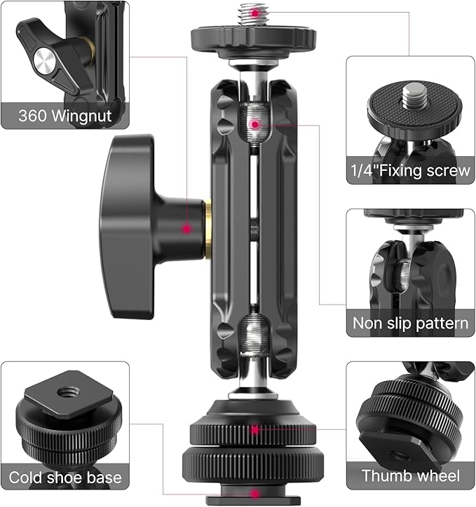 R098 Cold Shoe Monitor Mount, 1/4" Rotatable Dual Ballhead Hot Shoe Mount Microphone Fill Light Camera Monitor Swivel Bracket Compatible with DJI OSMO 360/Pocket 3/Insta 360 x 5/Sony/Canon/Nikon /Fuji