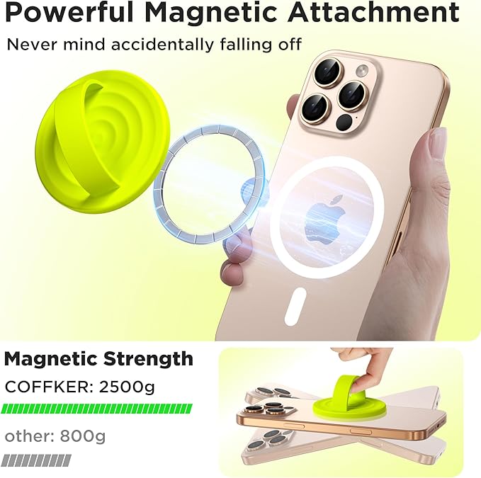 Magnetic Phone Grip Ring Holder, Liquid Silicone Magnet Cell Phone Grip Finger Loop, Compatible with Magsafe, Back of Phone for iPhone 17/16/15/14/13/12 Series, Neon Yellow