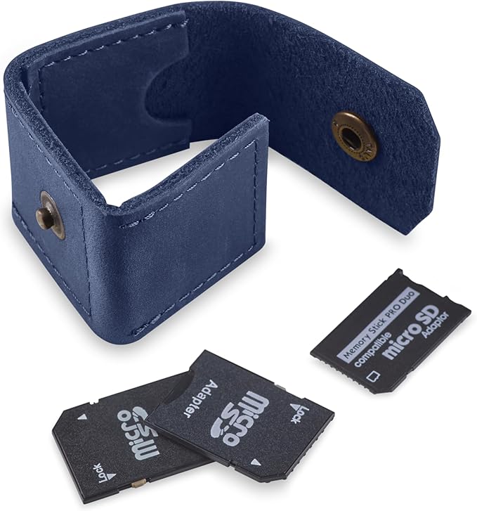 Leather SD Card Holder Keychain, SD Card Case Key Fob, Micro SD Card Holder Organizer, SD Card Storage Case, Memory Card Case Cover, Travel Memory Card Case (Blue)