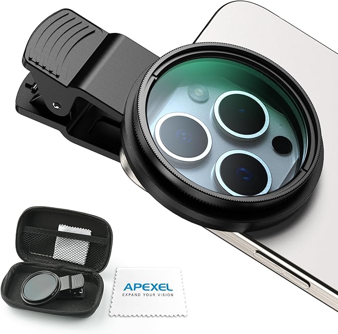 APEXEL CPL 52mm Circular Polarizer Polarizing Filter for iPhone/DSLR for iPhone Camera Lens 16 15 14 13 12 Pro Max Samsung Galaxy Huawei with Adapter Ring, Universal Clip