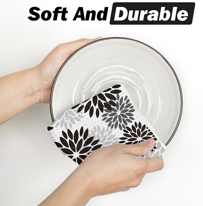 Artoid Mode Black Dahlia Floral Bar Kitchen Towels, 12x24 Inch Quick Dry Microfiber Cloth Dish Towels for Kitchen Drying Set of 2