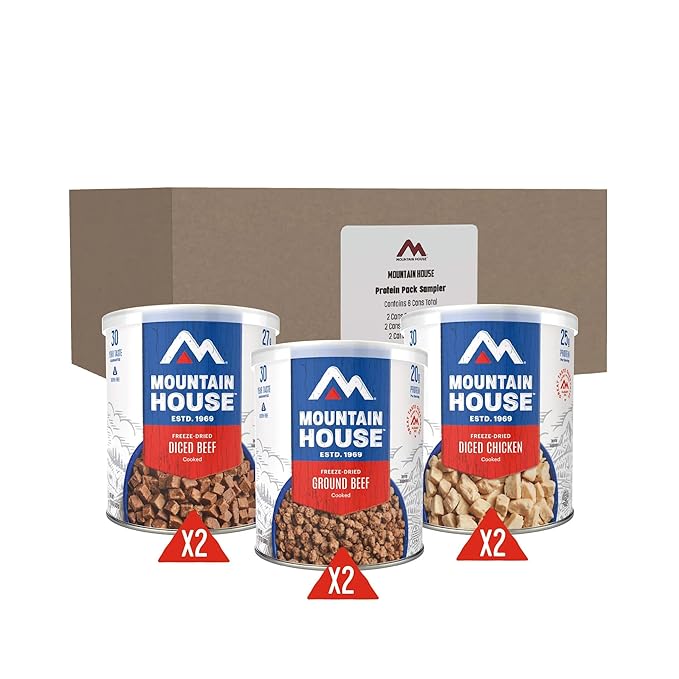 Mountain House Freeze-Dried Protein Pack Sampler – 6 Cans of Diced Chicken, Diced Beef & Ground Beef – 102 Total Servings – Fully Cooked High-Protein Emergency Survival Food for Camping, Hiking & Long-Term Storage – 30-Year Shelf Life – Made in USA