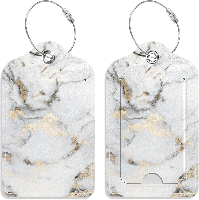 Luggage Tags for Suitcase, 2 Pack PU Leather Travel Cruise Luggage Tag with Privacy Flap, Name ID Label and Metal Loop for Women Men Suitcase Baggage Bag Backpack Instrument, White Gold Marble