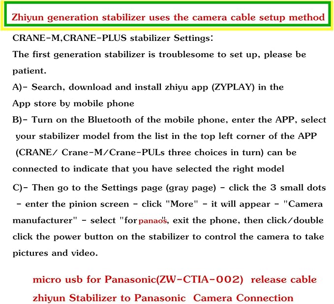 for Panasonic for zhiyun cable gh4 gh5 gh6 gh7 g9 s5 s5ii shutter cable crane2 / Crane-M /CRANE PLUS/crane Stabilizer Camera release cable Take pictures and record videos (micro usb to TRRS2.5 )