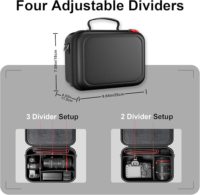 ProCase Hard Shell Camera Case for Canon Rebel T7/EOS R100/R50/DSLR/SLR/Nikon/Sony/Mirrorless Cameras, Soft Padded Digital Camera Travel Bag with 1 Shoulder Strap and 3 Adjustable Dividers -Black