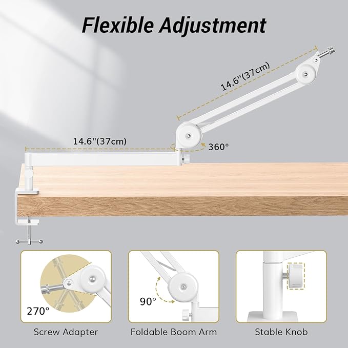 Tonor Mic Arm Desk Mount, Low Profile Boom Arm, Microphone Arm, Adjustable Mic Stand with Desk Mount Clamp, Cable Management, 3/8’’ and 5/8’’ Screwadapter for Most Microphone, White, T40LP