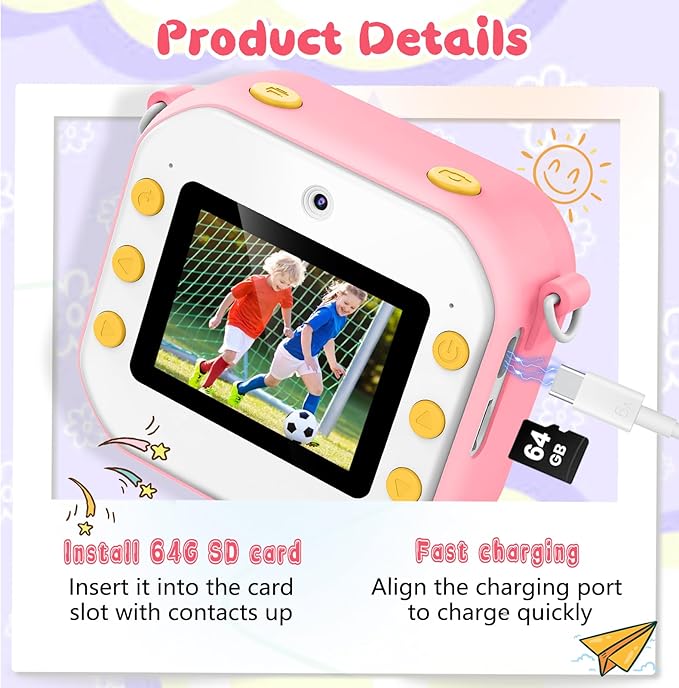 64GB Kids Camera Instant Print, 48MP Birthday Gifts Instant Print Camera for Kids with Print Paper, 1080P Dual-Lens Selfie Instant Cameras Video for Girls Age 3 4 5 6 7 8 9 10 11 Toddler Toy