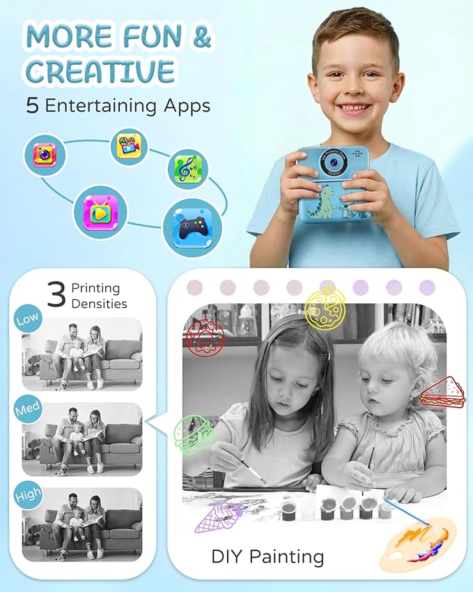 Kids Camera Instant Print, Digital Selfie Cameras with Carry Case & 5-Color Paper, Portable Toddler Toy Christmas Birthday Gifts for 3 4 5 6 7 8 9 10 11 12 Year Old Boys Girls - Blue