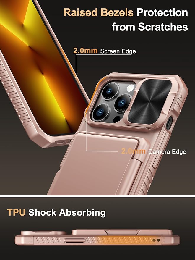 Vihibii for iPhone 13 Pro Wallet Case with Card Holder (4 Cards), [RFID Blocking] & Slide Lens Camera Cover & Raised Edges Protect Screen, Shockproof Rugged Wallet Phone Case, 6.1" 2021, Rose Gold