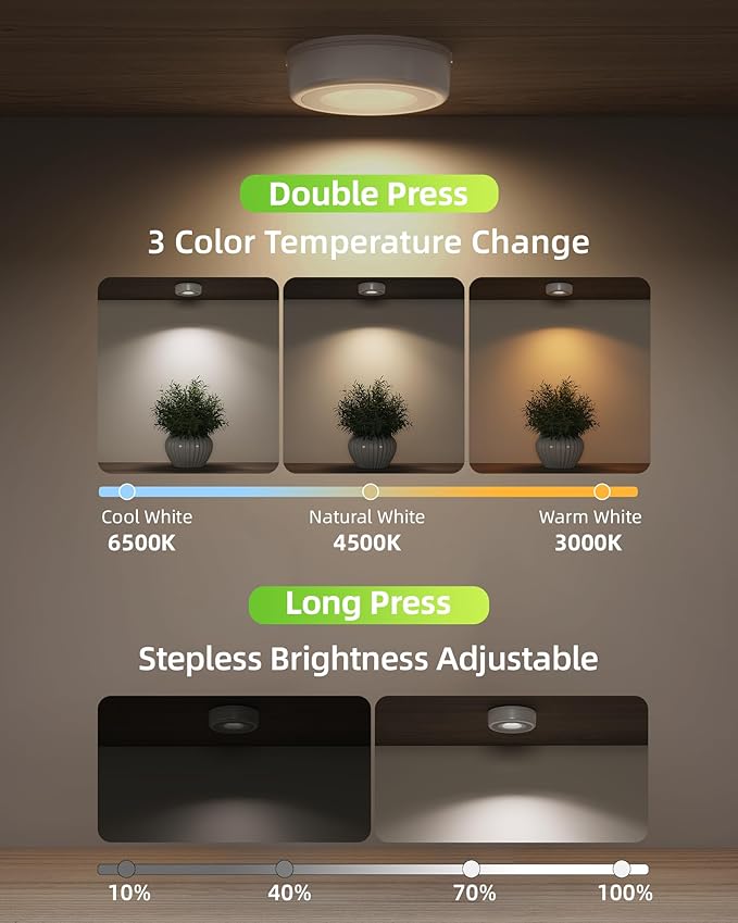 EZVALO LED Puck Lights, Rechargeable Sitck On Tap Lights, Wireless Closet Light, 3 Color Temps, Under Cabinet Lights, 2.5'' Mini Touch Light, Ideal for Kitchen,Closet,Pantry,Shelves,Camper(6 Pack)