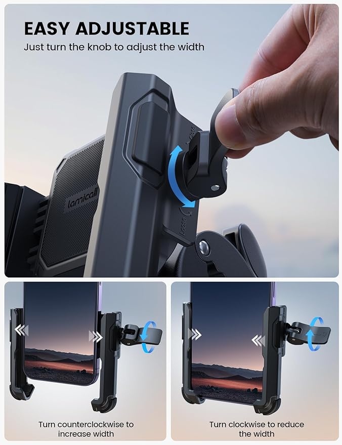Lamicall Motorcycle Phone Mount Holder - [Camera Friendly] [1s Lock] Bike Phone Holder Handlebar Clamp, Bicycle Scooter Phone Clip, Gifts for iPhone 17, 16, 15 Pro Max, Galaxy S25 Ultra, 4.7-7" Phones