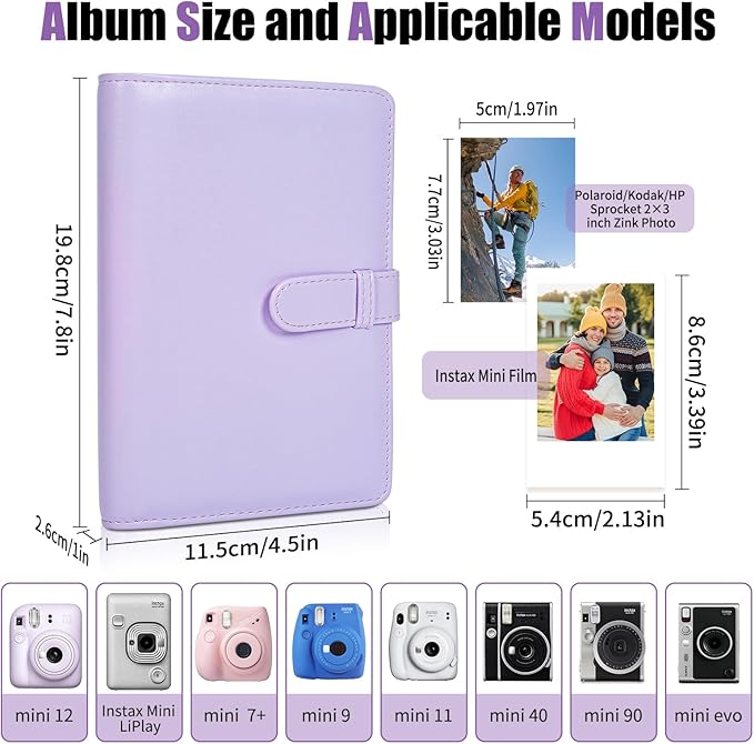 Riosin 108 Pockets Mini Album Compatible with Fujifilm Instax Mini film, Suitable for Instax Mini 12/11/7+/9/Evo/Link 2, 2x3"Photo Album for Canon ivy 2 Kpop Photocard(Lilac Purple)