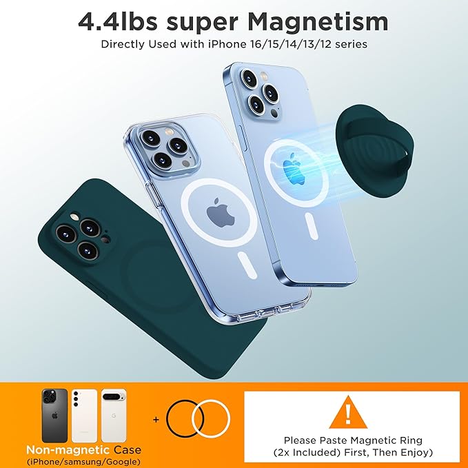 Upgraded Magnetic Phone Grip, Liquid Silicone Soft and Portable, Removable Finger Loop Ring Grip Holder for iPhone, Strong Magnetic Attraction, Compatible with MagSafe Phone Case, Dark Green