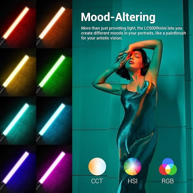 Godox LC500R Mini Handheld RGB Tube Light, 2500K-8500K RGB Stick Light with Barndoor&Soft Diffuseur, 20W 360°Full Color CRI 96+ 15 FX Effects LED Lighting Wand with APP Control