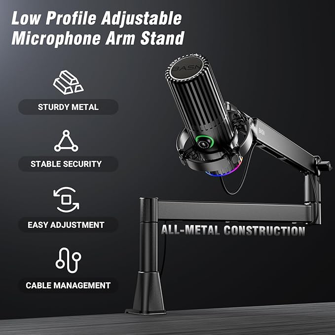 BASN Low Profile Mic Arm, Microphone Boom Arm Stand with Desk Clamp - Rotatable & Storable Design, Cable Management Channel, 3/8" to 5/8" Thread Adapter for Podcast, Gaming, Streaming, Vocal Recording
