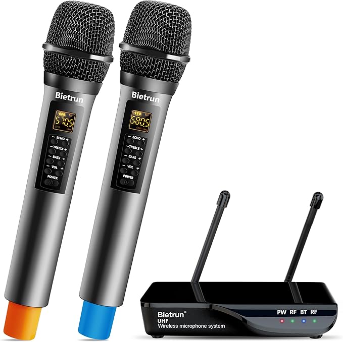 Bietrun Wireless Microphone with Echo/Treble/Bass, UHF 160ft Range, Dual UHF Cordless Dynamic Mic Handheld Microphone System for Home Karaoke, Meeting, Party, Wedding(Receiver with Bluetooth)