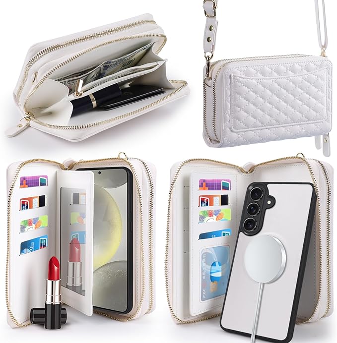 Harryshell Compatible with Samsung Galaxy S26 Case Wallet Multi Zipper Detachable Removable Cover Purse with Card Slots Holder Mirror Crossbody Strap (Compatible with Magsafe - White)
