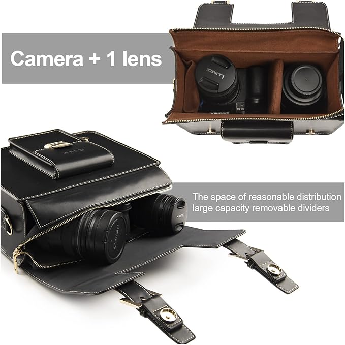 Cwatcun Leather Camera Bag Compact Shoulder Bag for Women, Vintage Small Sling Case Crossbody, Travel Photography Backpack for Canon, Nikon, Sony, Fuji DSLR/SLR/Mirrorless Cameras, Lens Accessories