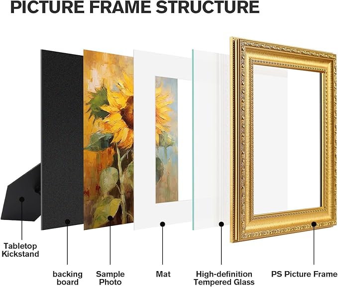 8x10 Gold Picture Frame Set of 2, Ornate Vintage 8 x 10 Photo Frame for Wall Decor or Tabletop Display, 8x10 Gold Frames with Real Glass, Display 5x7 Pictures with Mat or 8x 10 without Mat for Antique Déco