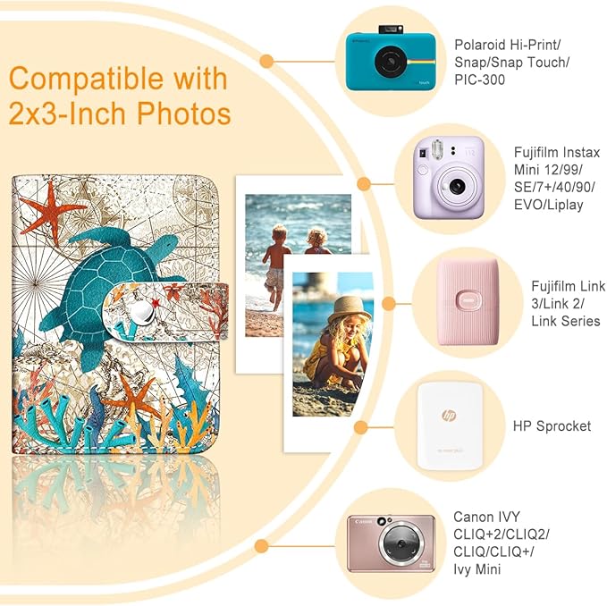 Lebrocoli Sea Turtle Small Photos Album for 2x3 Inch Films, 56 Pockets Mini Cute Albums Book for Polaroid Fujifilm Instax Mini Instant Camera Printer, Kpop Photocard Pictures Binders Holders Storage