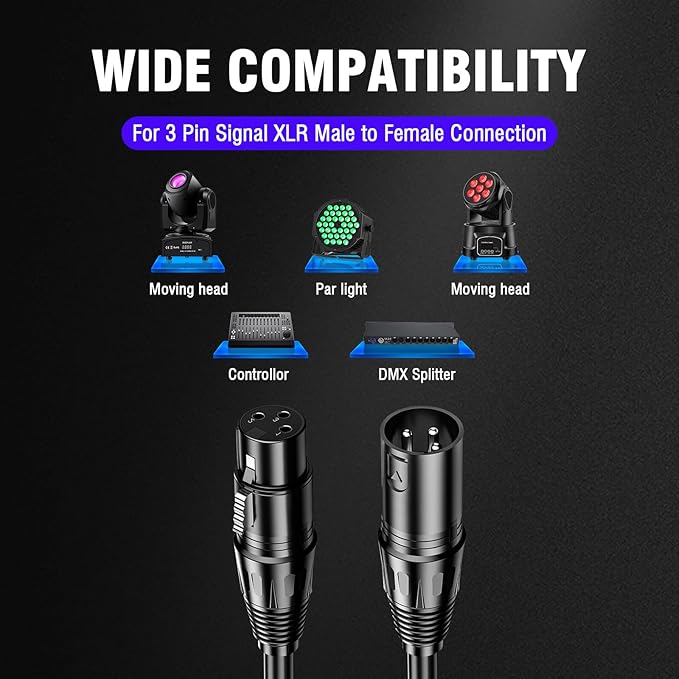 DMX Cable 3.9ft, 10 Pack, Flexible 3 Pin XLR Male to Female for Stage Lighting Signal Connection