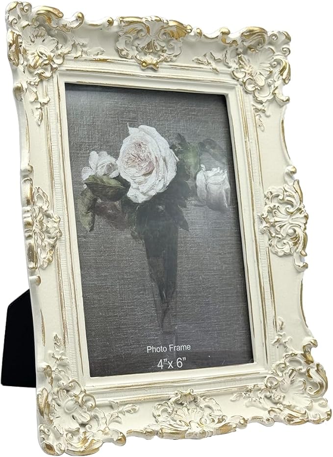 CISOO 4x6 Vintage Picture Frame, Antique Ornate White with Gold Photo Frame, for Table Top and Wall Display, Decorative Floral Design Retro Home Decor, Photo Gallery Art
