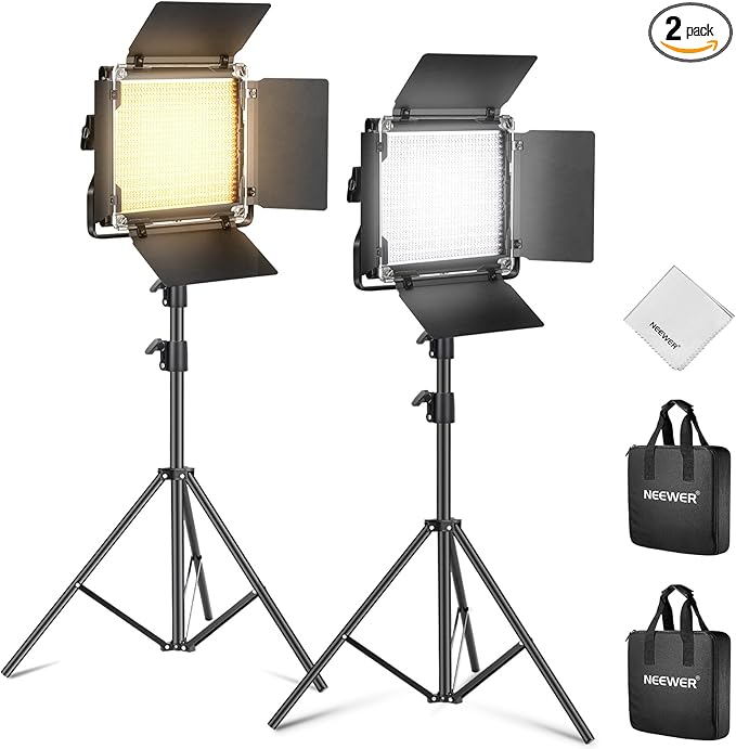 NEEWER 2 Pack Bi Color 660 LED Video Light Kit with Two 79" Tripod Stand, 3200K-5600K CRI 96+ Dimmable Panel Lighting with U Bracket and Barndoor for Studio Photography Recording Streaming, Black
