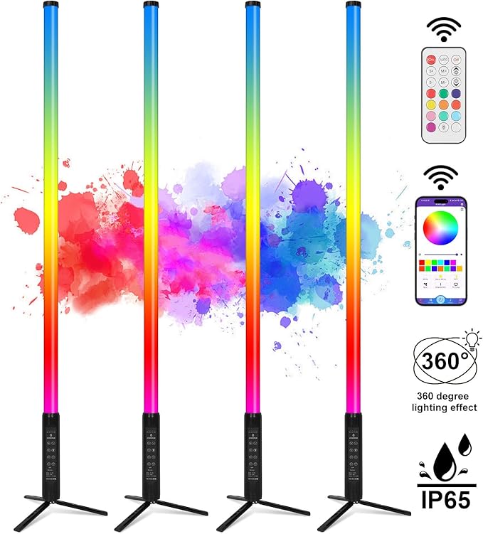 4Pack Professional 360 DJ Tube Light Bar Stand with Case Battery Powered IP65 Waterproof APP Control D40 5ft RGB Led Party Light Stick for Outdoor Video Studio Wedding Stage Lighting